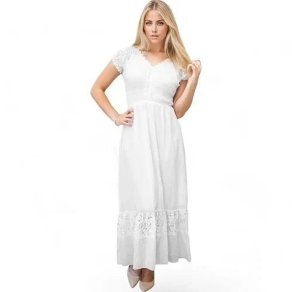 ✨Anna-Kaci Lace Cap Sleeve Lace Trim Ruffle Flared Hem Maxi Cream Sz S Dress✨